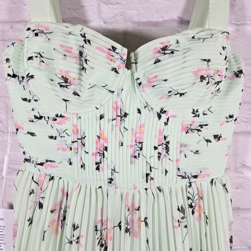 MS Self-Portrait Green Floral Pleat Mini Dress Women Size 2 NWT Sweetheart Cute - Picture 3 of 15